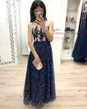A Line Dark Blue Long Prom Dresses, Sequins Sleeveless Evening Dress PFP0523