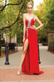 Front Split One Shoulder Red Beading Long Backless Prom Dresses PFP1233