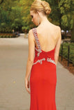 Front Split One Shoulder Red Beading Long Backless Prom Dresses PFP1233