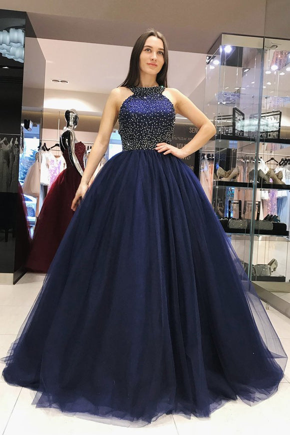 Elegant Scoop Royal Blue Ball Gown Beading Prom Dresses,Sweet 16 Dress PFP0330