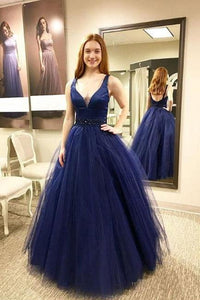 Fashion Blue Long V neck Tulle Puffy A Line Prom Dress PFP0331
