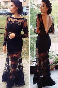 Real Sexy Black Long Sleeves Lace Backless See Through Prom Dresses PFP1235