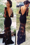 Real Sexy Black Long Sleeves Lace Backless See Through Prom Dresses PFP1235