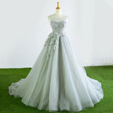 Gray Tulle Court Train Formal Long Prom Dress With Flowers PFP0332