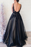 Promfast Spaghetti Straps Black V Neck Backless Tulle Prom Dresses With Applique PFP1885
