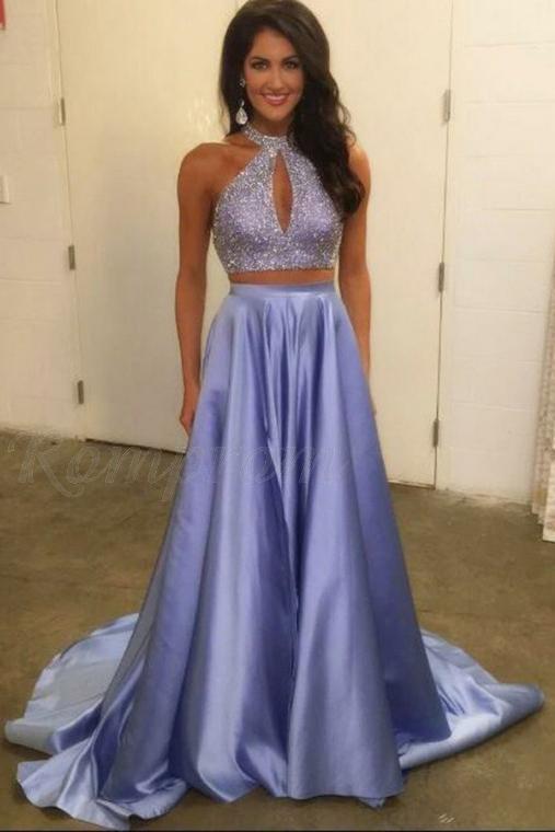 Two Piece Halter Keyhole Beaded Satin A Line Elegant Lavender Long Pro Promfast Two Piece Halter Keyhole Beaded Satin A Line Elegant Lavender Long Pro Promfast