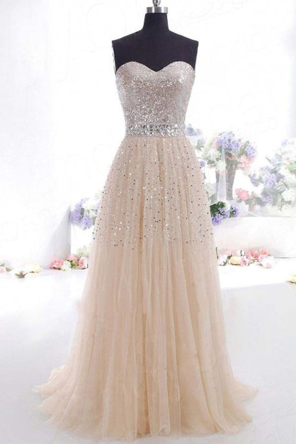 Strapless Long Tulle Beaded Charming Prom Dresses PFP1237