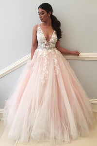 Sexy Lace Applique Pale Pink Ball Gown Long V Neck Tulle Evening Prom Dresses PFP0334