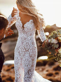 See Through Lace Long Sleeve Backless Mermaid Wedding Dress PFW0019