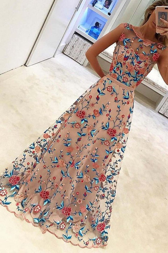 Unique Floral Embroidery Long A Line Prom Dress Evening Dress PFP0338