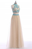 Two Pieces Halter Backless Beautiful Long Prom Dresses PFP1240