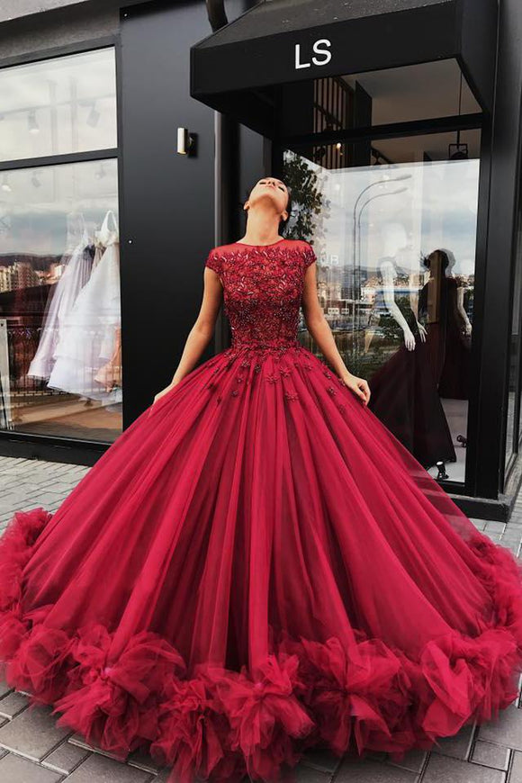 Red Tulle Appliques Ball Gown Prom Dress, Sweet 16 Dresses,Quinceanera Dresses PFP0339