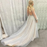 Princess A-Line Deep V-Neck Puffy Long Sleeves Tulle Prom Dress with Beading PFP0340