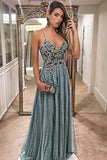 A-Line Spaghetti Straps Floor-Length Lace Formal Prom Dress with Beading PFP0341