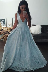Fashion Light Blue A-line V Neck Long Prom Dresses With Lace Appliques PFP0342