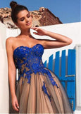 Modest Tulle Strapless A-line Long Prom Dresses With Lace Appliques PFP0343