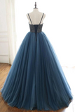 Promfast Ball Gown Blue Tulle Spaghetti Straps Prom Dress Evening Dress With Beading PFP1886