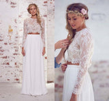 Two Pieces Long Sleeves Lace Beach Wedding/Bridal Dresses,Elegant White Sexy Wedding Gown PFW0238