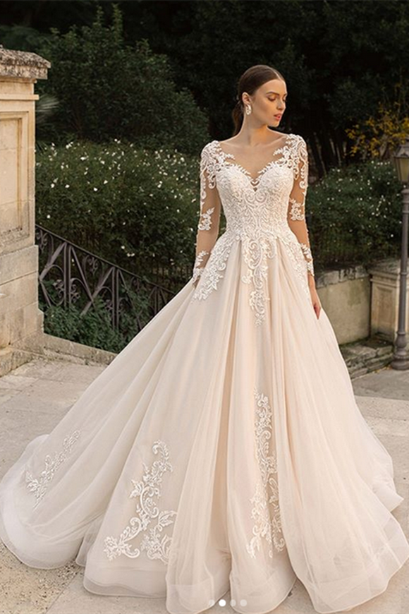 Promfast Long Sleeved Wedding Dresses, Lace Wedding Gown for Sale, Boho Bridal Gown PFW0509