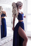 Two Piece Royal Blue V-Neck Floor-Length Sexy Prom Dresses with Lace PFP0002