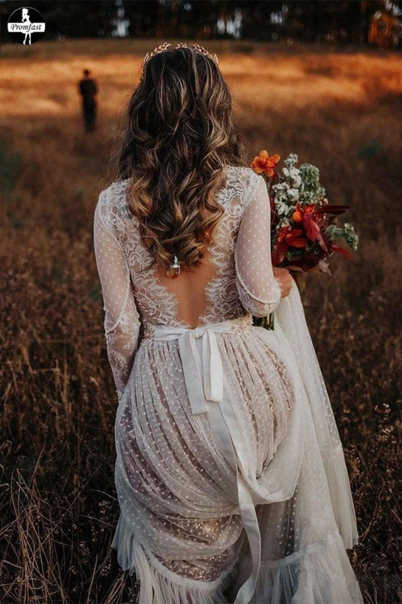 Promfast Polka Dot Long Sleeve Boho Wedding Dresses Lace Bohemian Backless Wedding Gown PFW0510