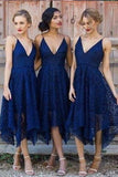 Navy Blue/Pink Deep V-neck Spaghetti Straps Sleeveless Asymmetry Lace A-line Bridesmaid Dress PFB0001