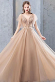 Promfast A Line Short Sleeves Tulle Beading Long Prom Dress Evening Dress PFP1795