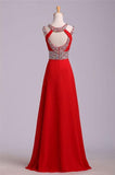 2019 Long Red Chiffon Beaded Backless High Low Prom Dresses PFP1245