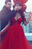 Charming A-Line Off-the-Shoulder Court Train Red Tulle Prom Dress PFP0344