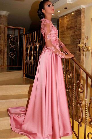 Gorgeous Satin Jewel A-Line Long Sleeves Pink Prom Dresses With Lace Appliques PFP0345