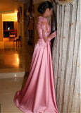 Gorgeous Satin Jewel A-Line Long Sleeves Pink Prom Dresses With Lace Appliques PFP0345