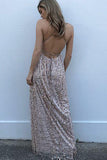 Sexy A-Line Spaghetti Straps Criss-Cross Pearl Pink Lace Prom Dress With Slit PFP0347