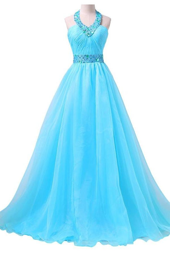 2019 Newest Ice Blue Long Chiffon Beaded Formal Prom Dresses PFP1251