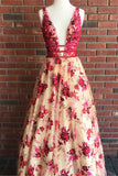 Beautiful V neck Beaded Long A-line Red Floral Prom Dress PFP0348