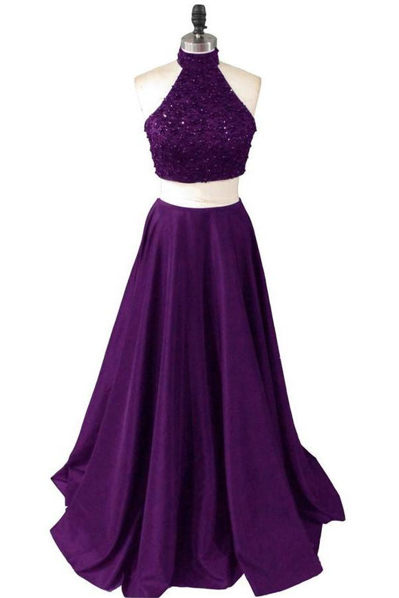 Two Pieces Long Beaded Purple Beauty Prom Dresses 2019 PFP1252