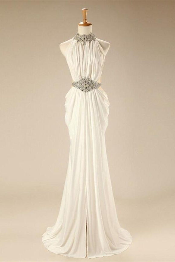 Charming Elegant White Halter Beaded Chiffon Long Prom Dresses PFP1254