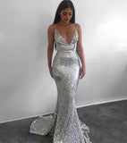 Modest Silver Mermaid Sequined Deep V Neck Backless Prom dresses,Evening Gowns PFP0351
