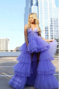 Lavender High Low Layers Tulle A Line Prom Dress with Beading PFP1742