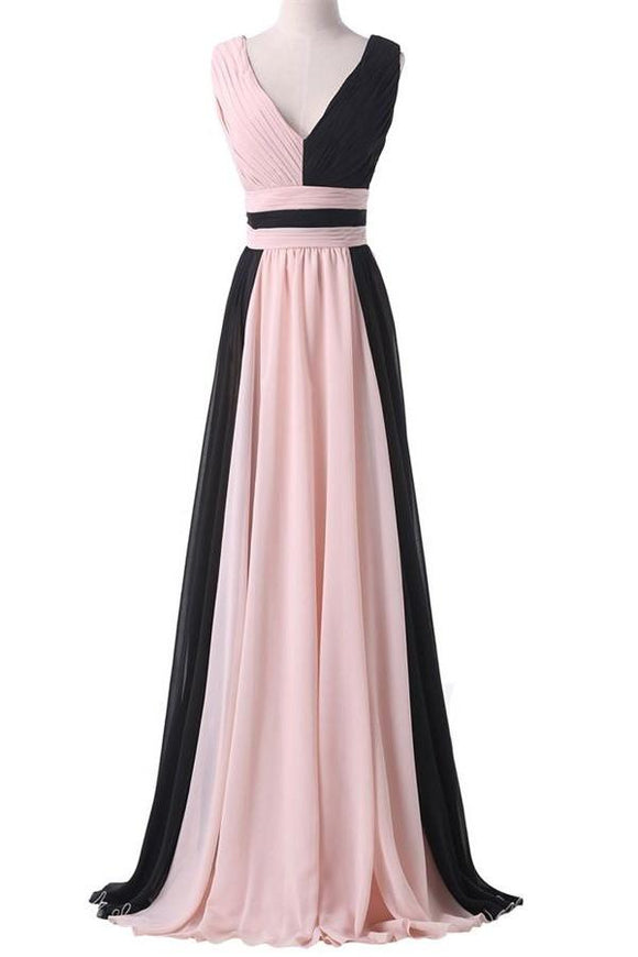 Simple Cheap Pink And Black Long Chiffon Prom Dresses PFP1255