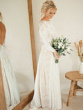 Long Sleeve Ivory Lace See Through Backless Beach Boho Wedding Dresses PFW0020