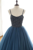 Promfast Ball Gown Blue Tulle Spaghetti Straps Prom Dress Evening Dress With Beading PFP1886