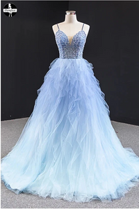Promfast Cheap Long Light Blue Tulle Beaded Open Back Ruffles Prom Dress online PFP1956