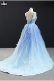 Promfast Cheap Long Light Blue Tulle Beaded Open Back Ruffles Prom Dress online PFP1956