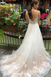 Promfast Tulle V Neck Embroidery Long Spaghetti Straps Wedding Dresses, Bridal Dresses PFW0491