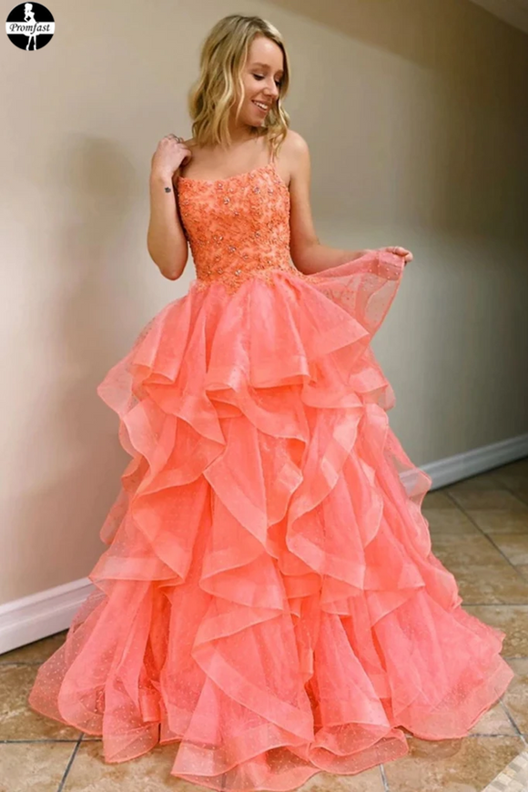 Promfast Coral Backless Tulle Beaded Long Prom Gowns, Spaghetti Straps Layers Prom Dress PFP1962