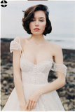 Promfast A-line Removable Spaghetti Straps Beach Wedding Dress Sweep/Brush Train White Lace Wedding Dresses PFW0528
