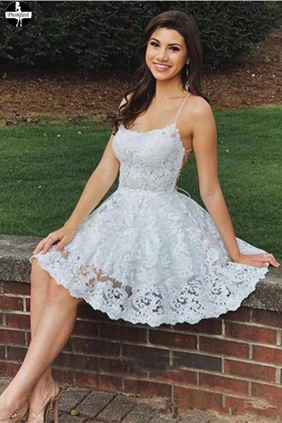 Promfast Spaghetti Straps Off White Lace Short Homecoming Dresses Online, Cheap Short Prom Dresses PFH0324