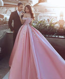 Pink Off the Shoulder Ball Gown Lace Appliques Satin Prom Dress PFP0352