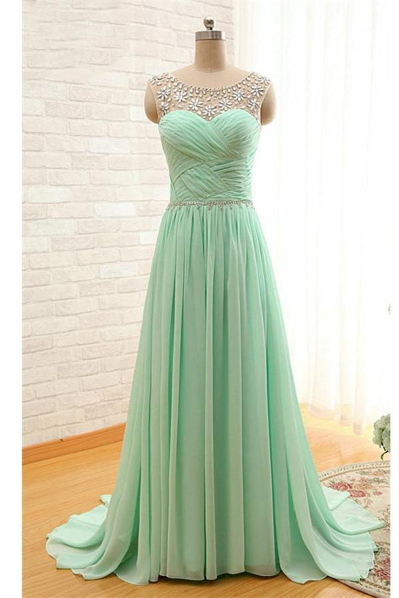 Mint Beaded Charming Backless Cheap Long Chiffon Prom Dresses PFP1256