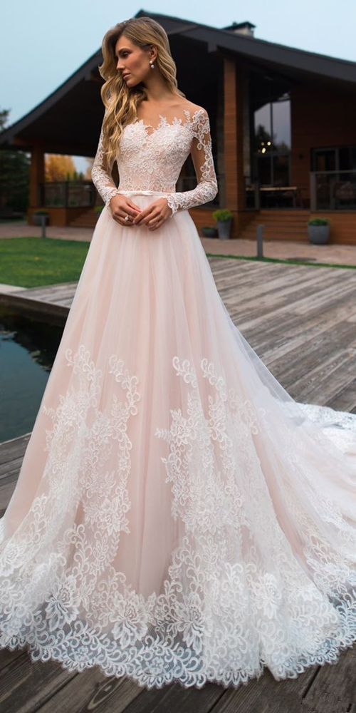 Promfast Lace Tulle Wedding Dress, Long Sleeves Bridal Dress Off Shoulder Wedding Dress PFW0551